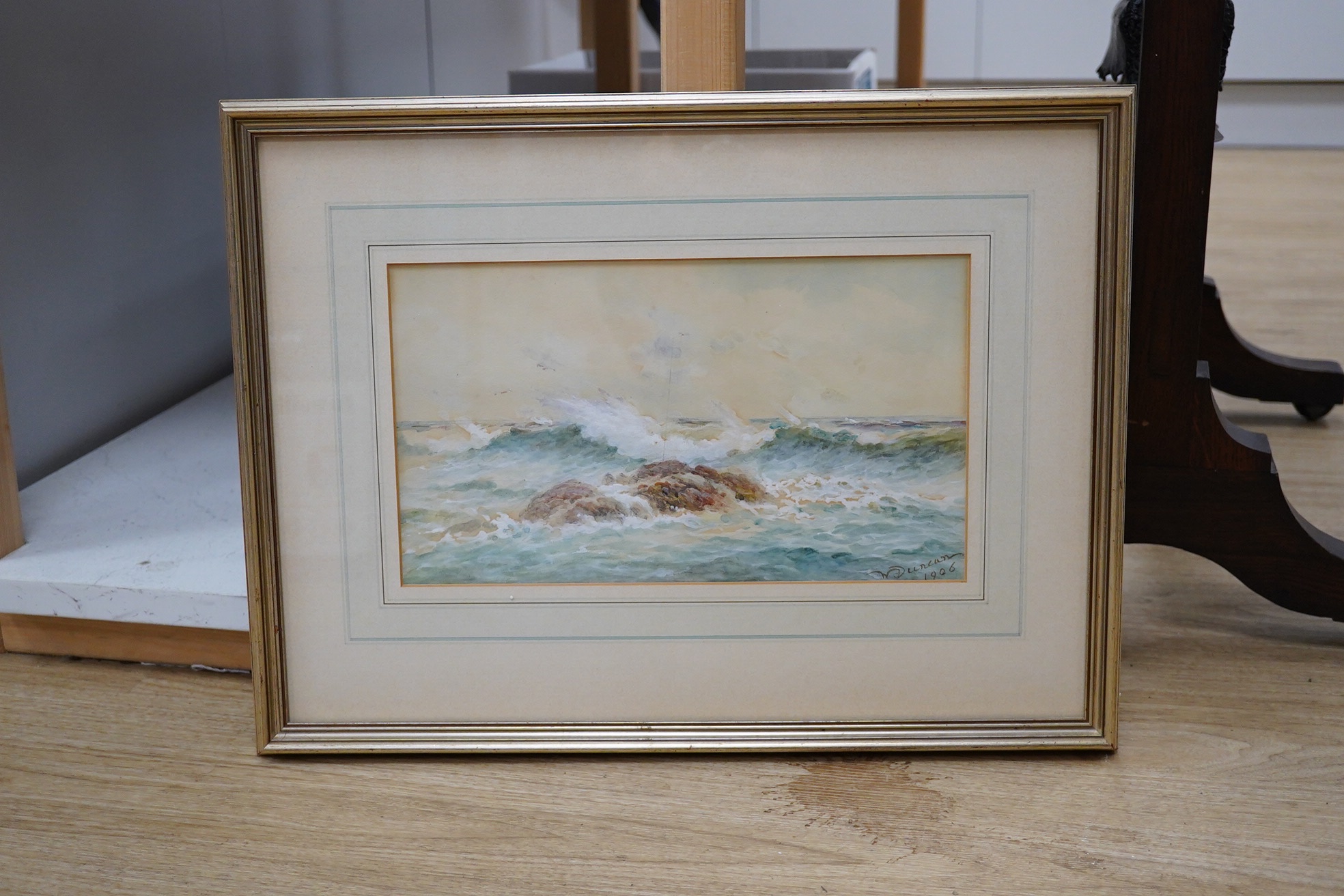 Walter Duncan (1848-1932), heightened watercolour, Coastal scene, signed and dated 1906, 20 x 33cm. Condition - fair